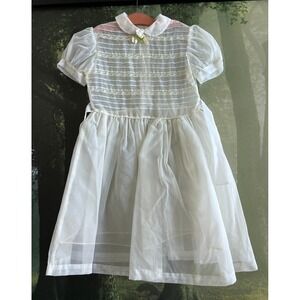 Vintage 1950s Organza Lace Girls Party Dress Sheer Puff Sleeve Peter Pan Collar